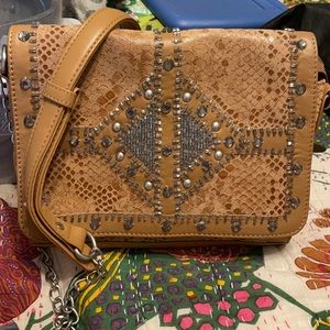 Mary Frances tan purse with strap and beads